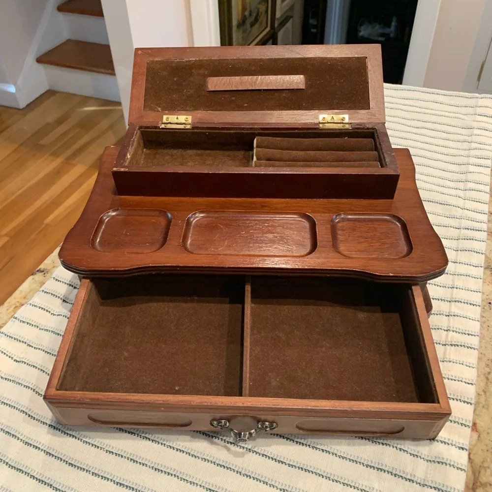 Vintage Solid Wood Leather Felt London 2-tiered Dresser Top Jewelry Box